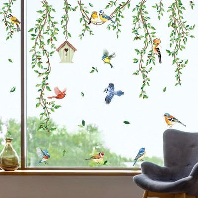Spring Summer Hanging Green Vine Window Clings Double Sided Birds Tree Leaves...