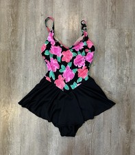 VTG 90 s Swim Dress Bathing Suit One Piece Skirt Retro Tropical Floral Black S