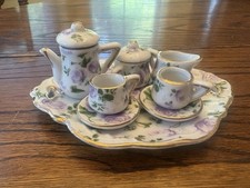 Vintage Miniature Tea Set Purple Roses Gold Trim Teapot Cups Doll Size Porcelain