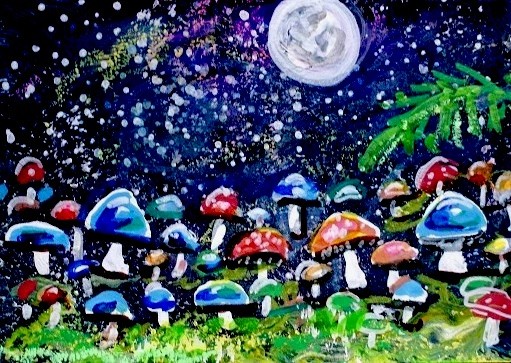 ACEO Original Painting MUSHROOMS Moon STARS Ferns Universe Galaxy Forest ATC ART