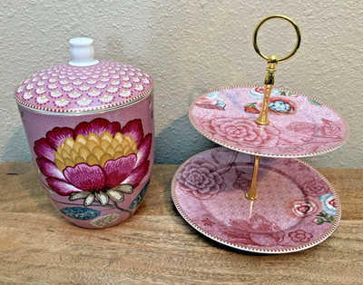 LOT Pip Studio Pink Spring to Life Jar & Floral Fantasy  2-tier Plate Cake stand