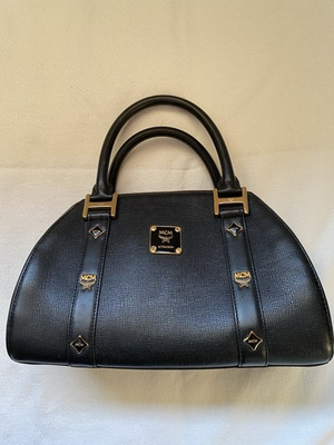#ad MCM Women’s Black Logo Satchel Top Handle Bag w Gold Hardware Bottom Studs $380.00