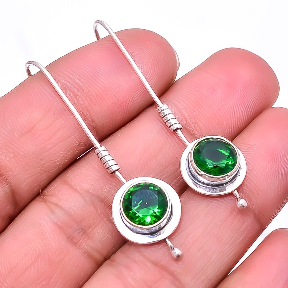 Simulated Emerald Gemstone 925 Sterling Silver Handmade Earrings 1.95 Inch E10