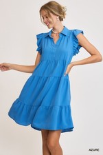 Umgee Azure Blue Tiered Short Dress with Collar and Flutter Sleeves