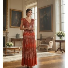 G-32 Adrianna Papell Beaded Mesh Dress Amber Color Size 12 NWT Style AP1E211367