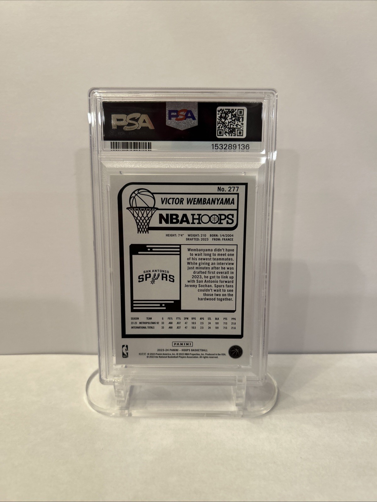 Panini 2023-24 NBA Hoops Victor Wembanyama RC #277 PSA 10 Spurs view 2