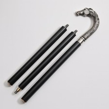 Horse Head Walking Cane Silver Tone Handle 3 Piece Collapsible Black Stick