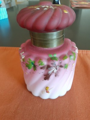 Large Mt. Washington type Pink/Ruby Swirled Satin Glass Inkwell w/insert c.1890