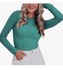 Green Rhinestone Long Sleeve Bodysuit