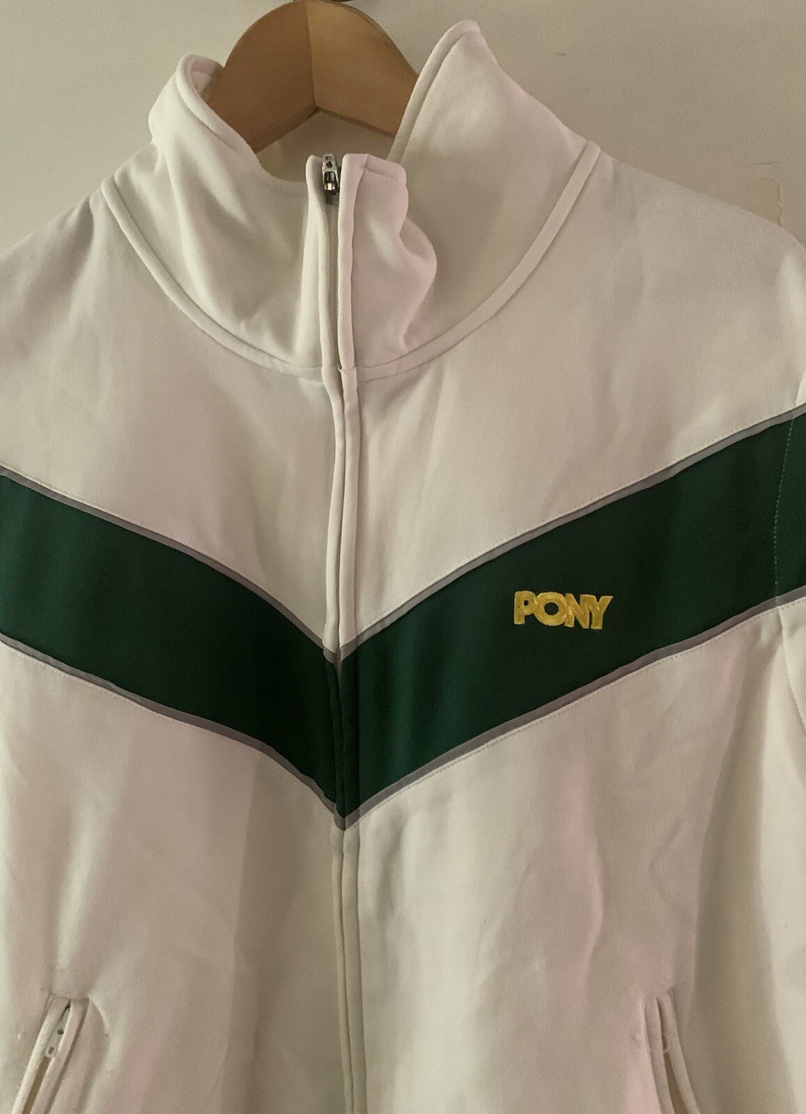 Giubbotto vintage PONY anni 90 track vest taglia XL bianco verde giacca senza maniche con zip