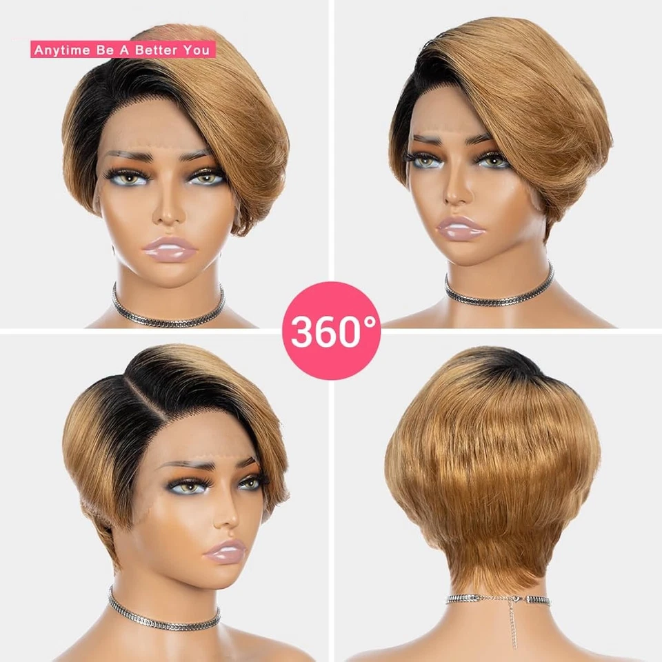 Pixie Corto 100% Cabello Humano, Parte Lateral, Encaje HD, Ombre Natural a Rubio Miel Foto 4 de 4