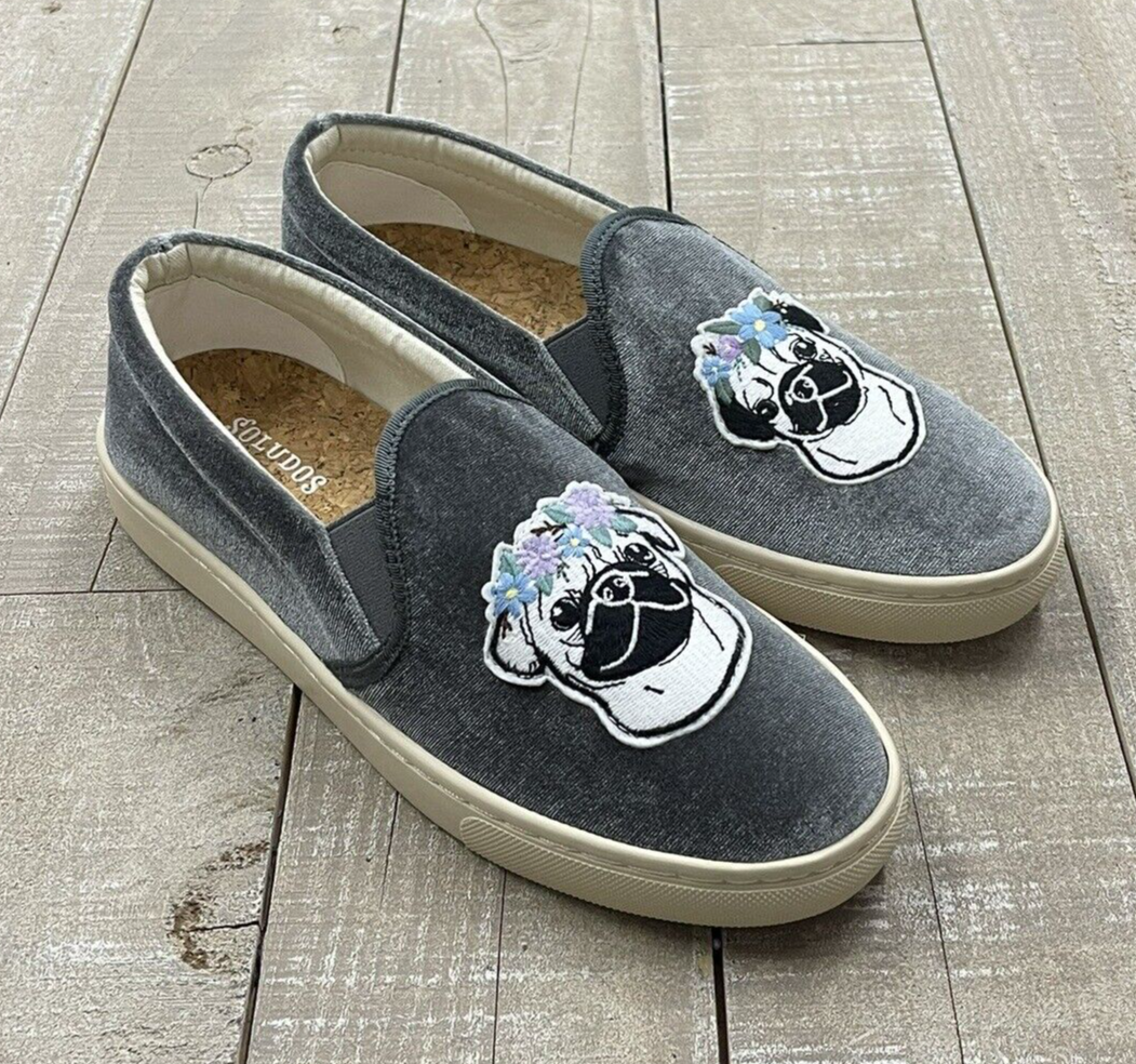 NIB Soludos $119 Velvet Flower Pug Slip-On Sneakers In Gray Size: