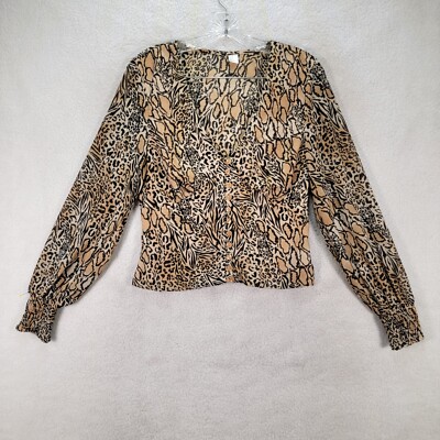 H&M Size 8 Brown Leopard Python V Neck Button Up Modern Blouse Womens Top