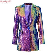 Women Suit Collar Long Sleeve Mid Length Party Coat One Button Sequins Blazers