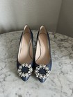 Deimille Jeweled Pearl Embellished Heels Size 38 US 8 Metallic Denim Blue — photo 1