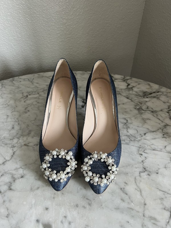 Deimille Jeweled Pearl Embellished Heels Size 38 US 8 Metallic Denim Blue