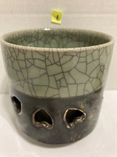 Coffee Cup Somayaki  Double Wall Gold Rim Hearts Green Crackle Glaze 3.5"D (1) - Picture 1 of 4