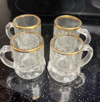 4 Federal Gold Rimmed Depression 1oz Handled Shot Glasses