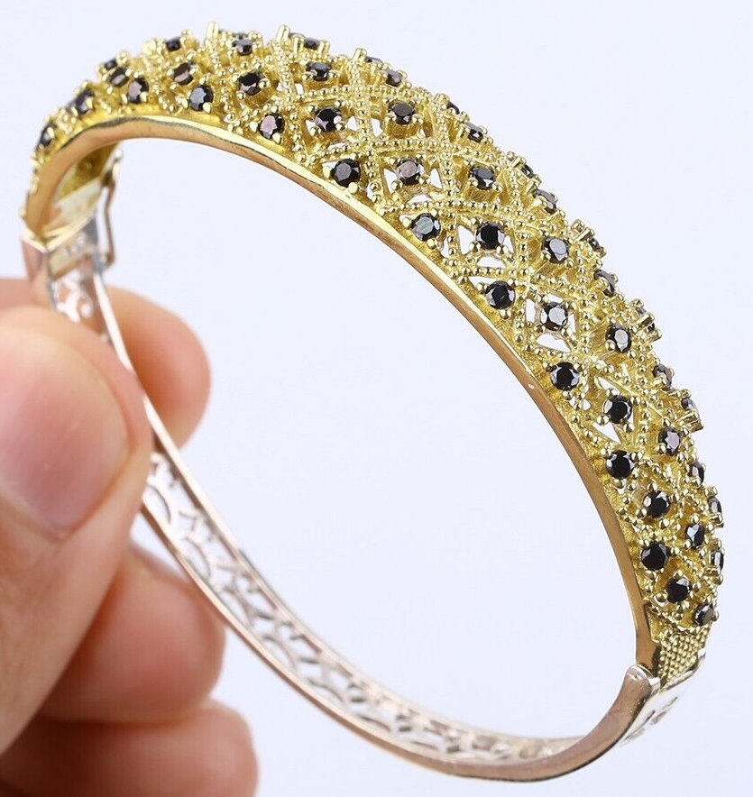 Bangle Bracelet with Simulated Onyx, Lattice Design, 925 Silver & Bronze #50956-image