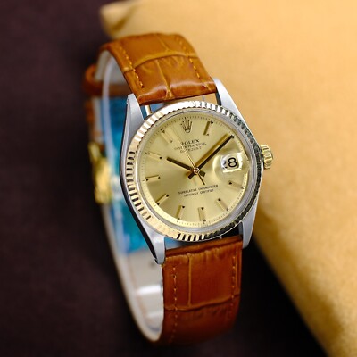 Rolex Datejust 1601 14KY Steel Champagne Dial Fluted Bezel Leather