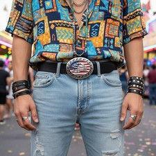 Men Women Silver Belt Buckle Skull Hand USA Flag United States America Rocker