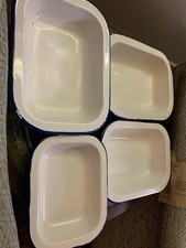 Set of 4 Vintage Enamel Pie Dishes White Blue Rim Enamelware Camping Rustic