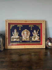 Hindu Wall Art Lakshmi Ganesha Saraswati Framed 3D Relief – Faux Gold, 20”x14”