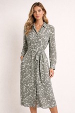 Uniqlo Shirt Dress- Size Medium- Gray&White Print- Tie Waist Button Front