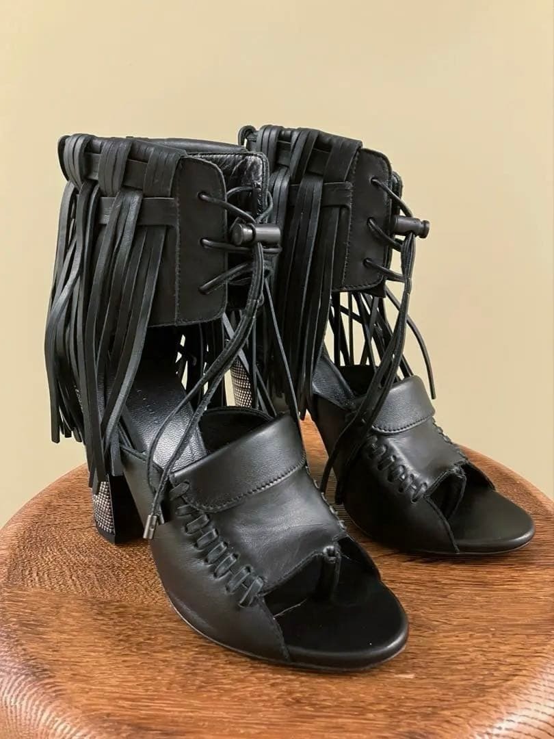 DIESEL BLACK GOLD Black Leather Fringe Chunky Heel Boots Sandals Size 37 Japan thumbnail 8