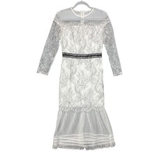 eva ouxiu White Black Lace Sheer Sleeve Midi Dress Formal Party Occasion M