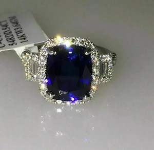 Authentic 2Ct Cushion Cut Lab Created Sapphire Halo Engagement Ring 14K White Gold Plated