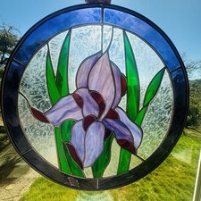 13" Round Stained Glass Iris Panel Purple Green Floral Leaded Window Suncatcher