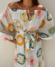 Palm Noosa Sicily Dress One Size OS Linen White Plates Belt Midi