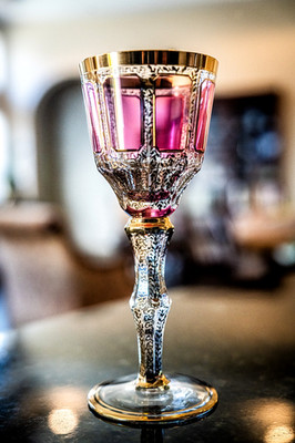 Moser Bohemian Cabochon Cranberry Pink Cut to Clear 8 1/2'' Wine Glass/Goblet