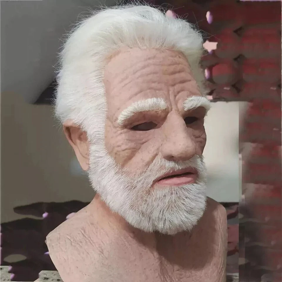 Realistic Halloween Latex Human Wrinkle Face Mask Old Man Full Head Headwear - Image 2 of 4