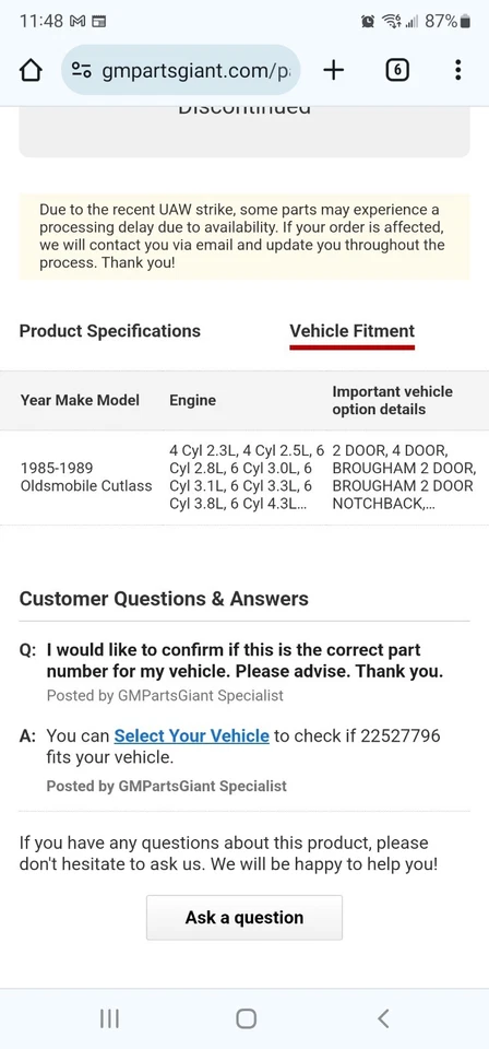 Nuevo de Lote Antiguo 1985-1989 Oldsmobile Cutlass GM 22527796 Deflector de Aire A/A Fabricante de Equipo Original Foto 3 de 3