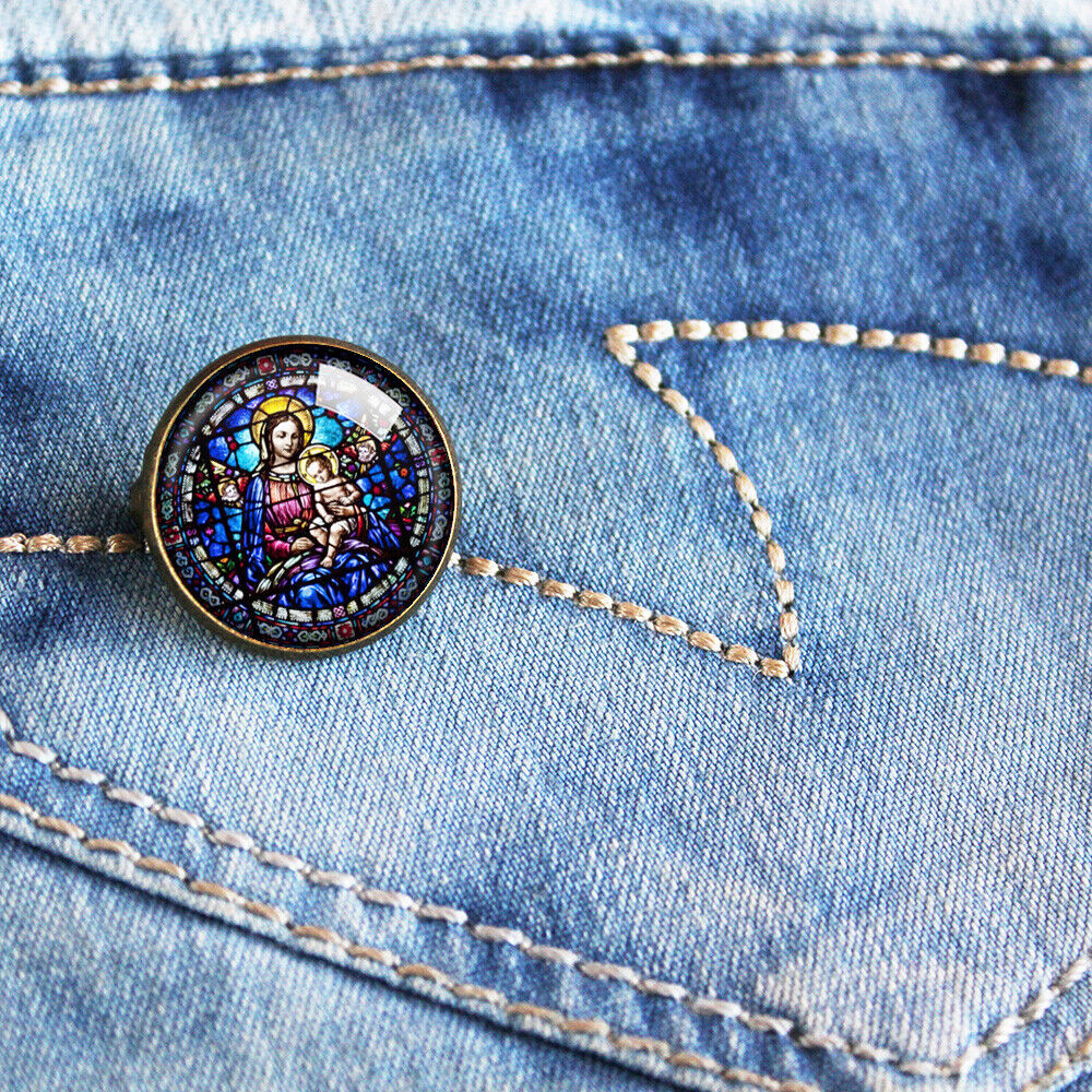 Broche Vierge Marie En Argent Avec Cabochon Verre - 25mm - Neuf Sans Emballage - Pièce Dévote