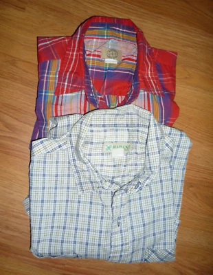 LOT OF 2 MEN'S HABAND LARGE SHIRTS SHORT SLEEVE 1 Blue & Yellow & One Red Plaid - Image 1 of 2