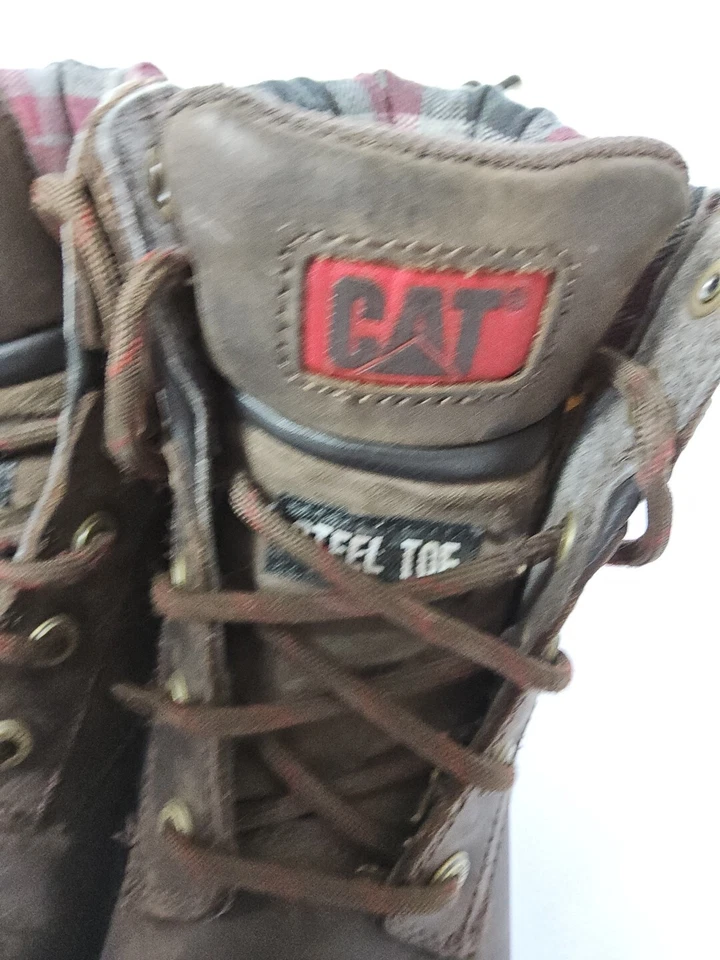 CAT WOMEN'S BROWN LEATHER BOOTS PLAID FABRIC ACCENT STEEL TOE RUBBER SOLE 6.5 M  - Image 2 of 4