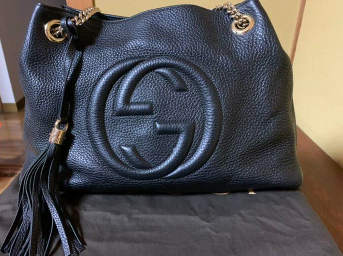 Gucci Soho Black Cellarius GG Logo Leather Chain Bag 308982