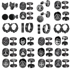 12pcs Stainless Steel Norse Viking Stud Earrings Wolf Runes Fake Gauges Plug Men