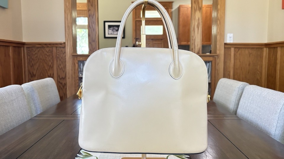 Authentic CELINE Vintage Cream Leather Dome Satchel Top Handle Bag Italy M94