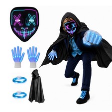 4-Piece Halloween LED Set, Blue Light Up Mask Gloves Shoelaces Cape