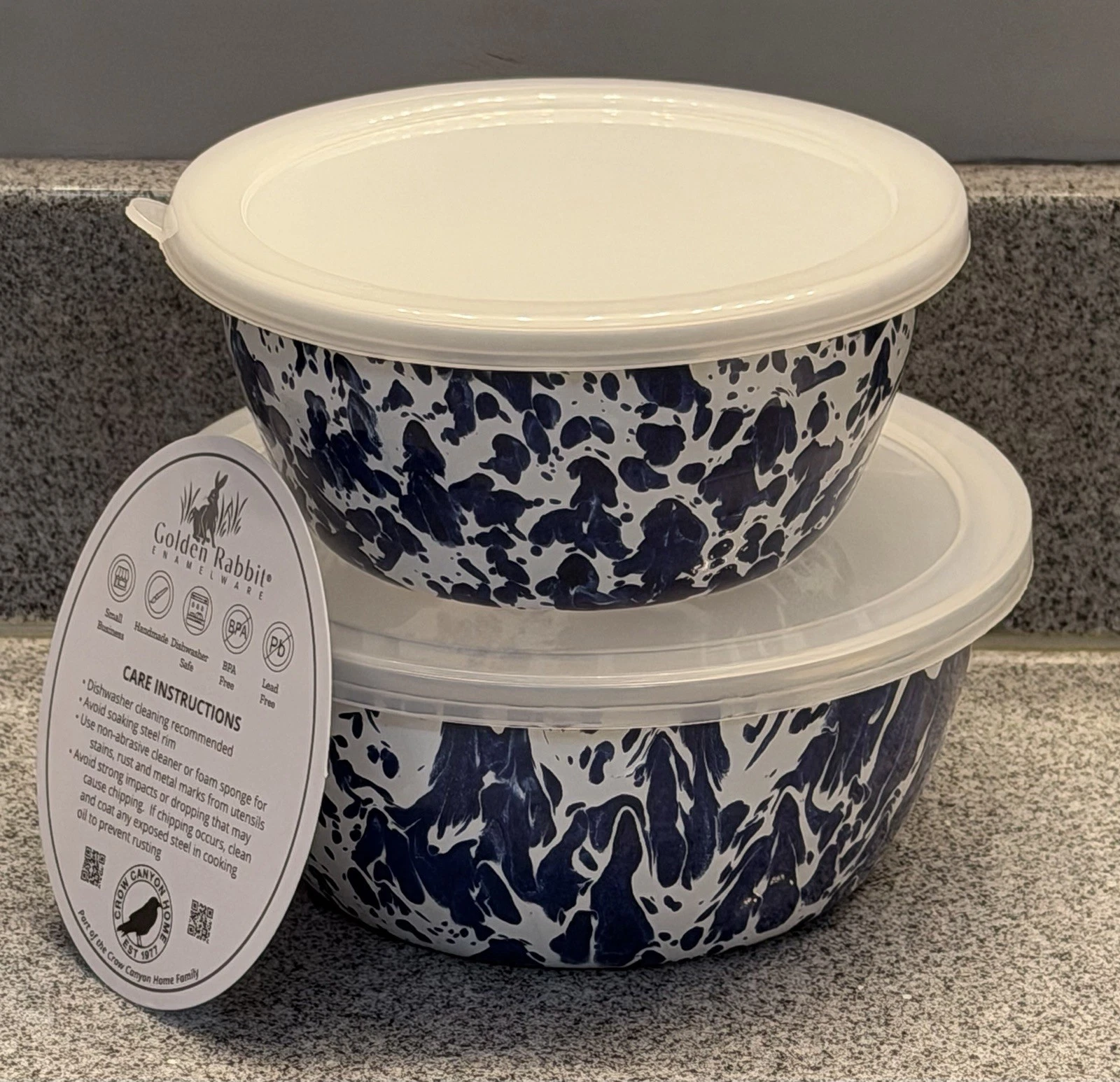 2 New Golden Rabbit Prep Bowls Enamelware Cobalt Swirl With Lids 3 & 4 Cup NEW