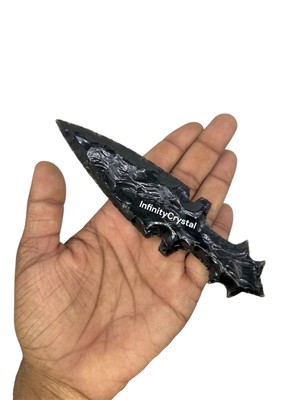 5.5-6  Black Obsidian Knife,Handcrafted Blade,Star Point Flint Knapping Art.