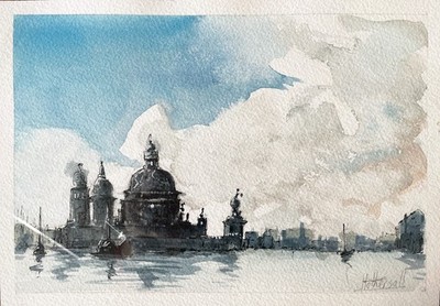 Original Aquarell von Venedig aus dem Meer
