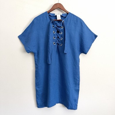 Mara Hoffman Cobalt Blue Short Sleeve Linen Lace-Up Mini Dress Women s Sz Small