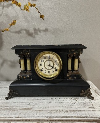 Antique Vintage ST 1880 Seth Thomas Adamantine 4 Column Lion Heads Table Clock