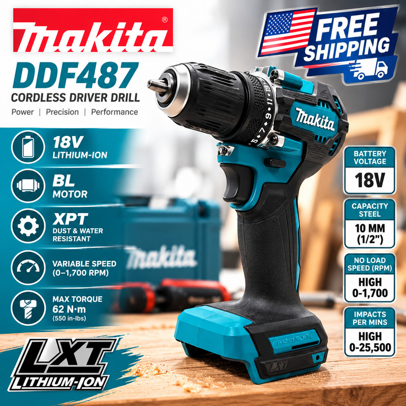 Makita DDF487 18V Brushless Cordless Drill Driver Compact High Torque Variable
