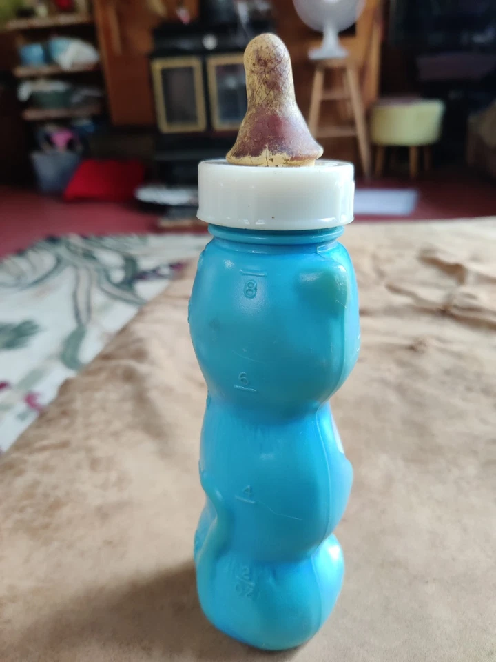 Biberón Gerber vintage plástico gato azul EE. UU. original pezón decoración infantil Foto 4 de 4